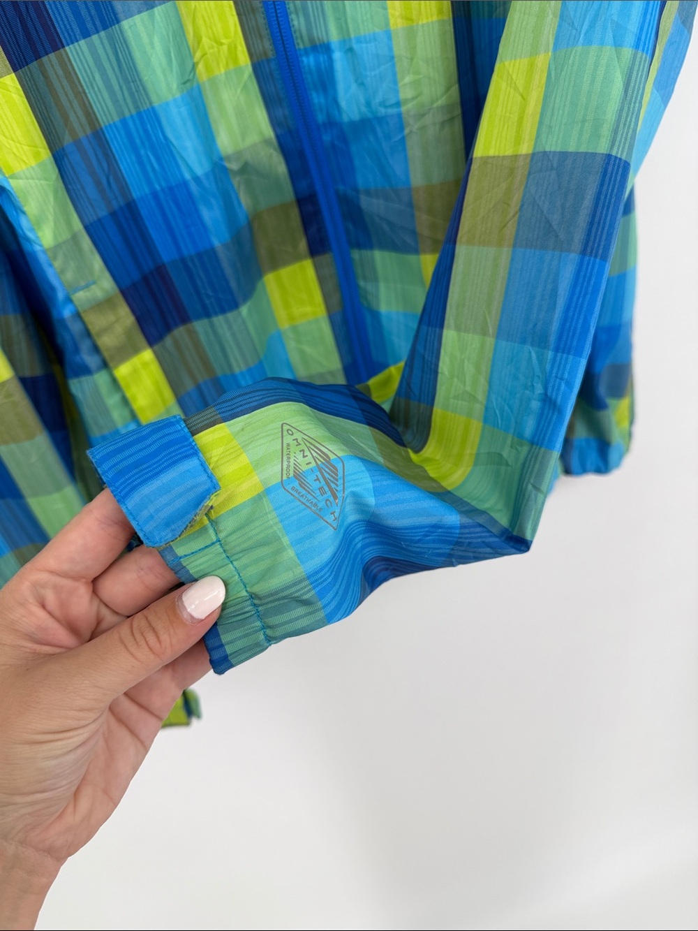 Columbia Blue Green Plaid Hooded Rain Jacket Gorpcore Women’s XL - Picture 4 of 13